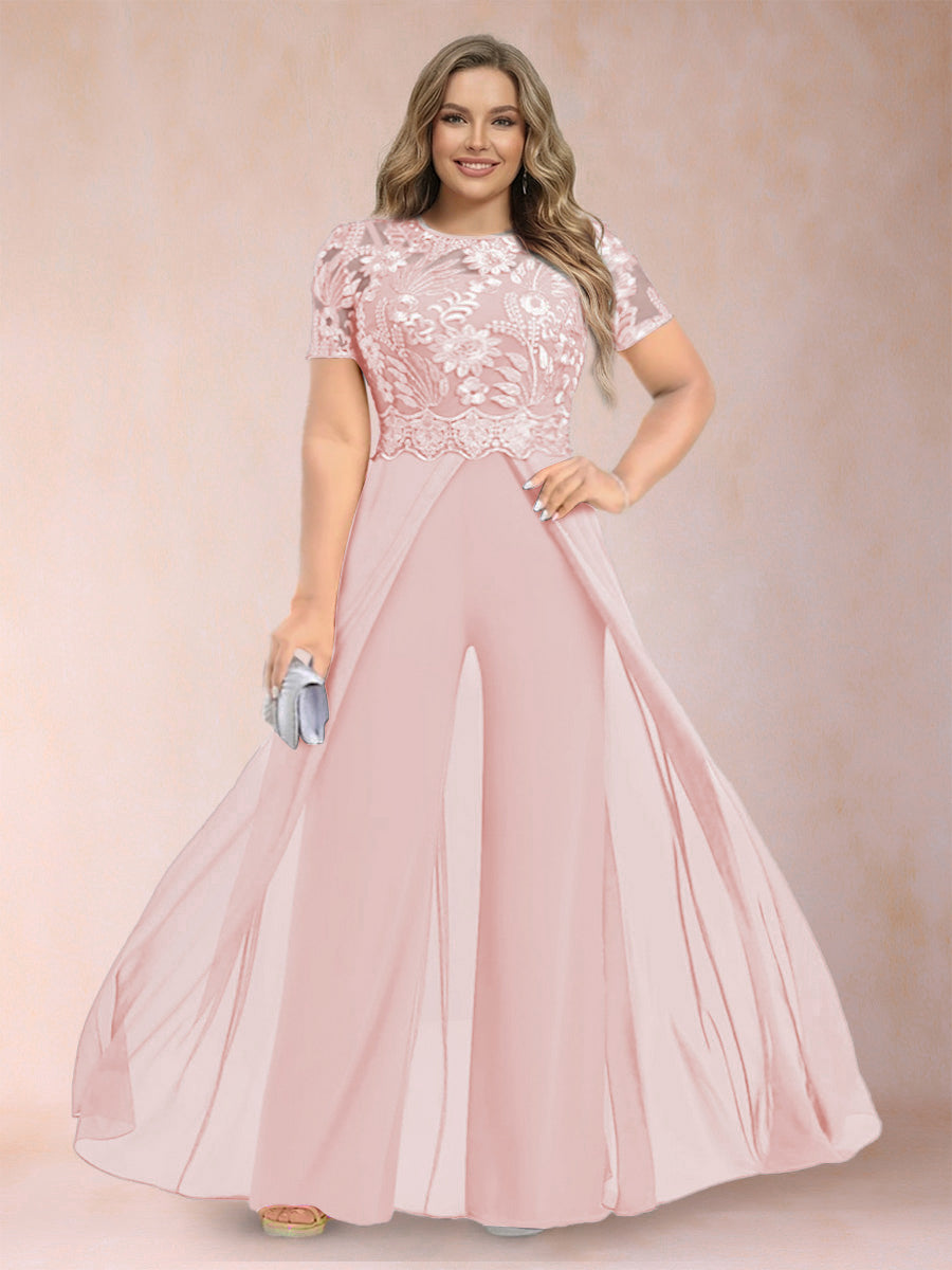 A-Line/Princess Scoop Short Sleeves Plus Size Mother of the Bride Jumpsuit with Applique