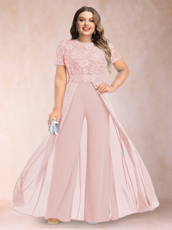 A-Line/Princess Scoop Short Sleeves Plus Size Mother of the Bride Jumpsuit with Applique