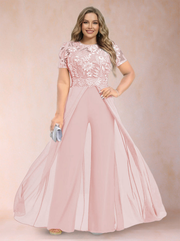 A-Line/Princess Scoop Short Sleeves Plus Size Mother of the Bride Jumpsuit with Applique