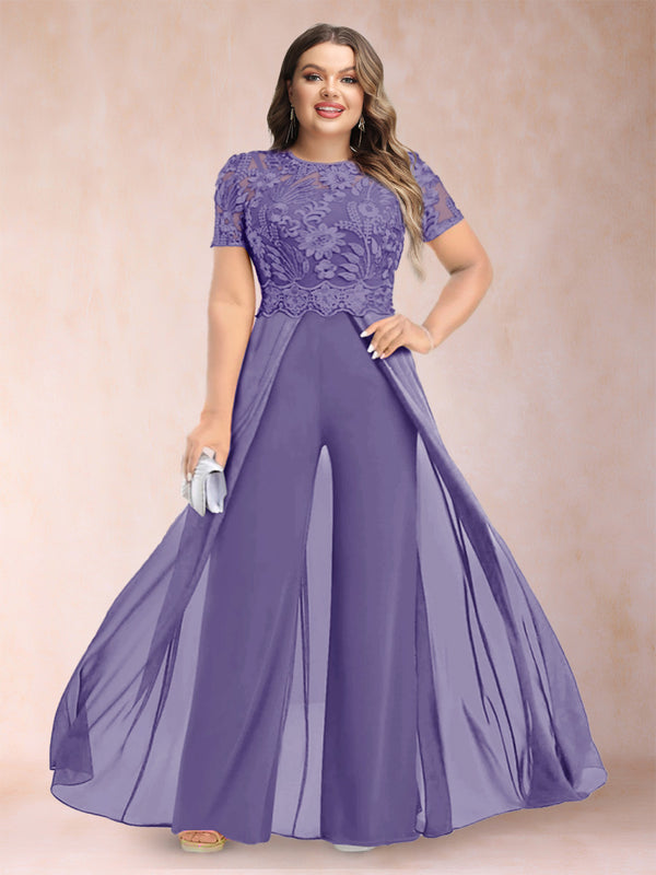 A-Line/Princess Scoop Short Sleeves Plus Size Mother of the Bride Jumpsuit with Applique