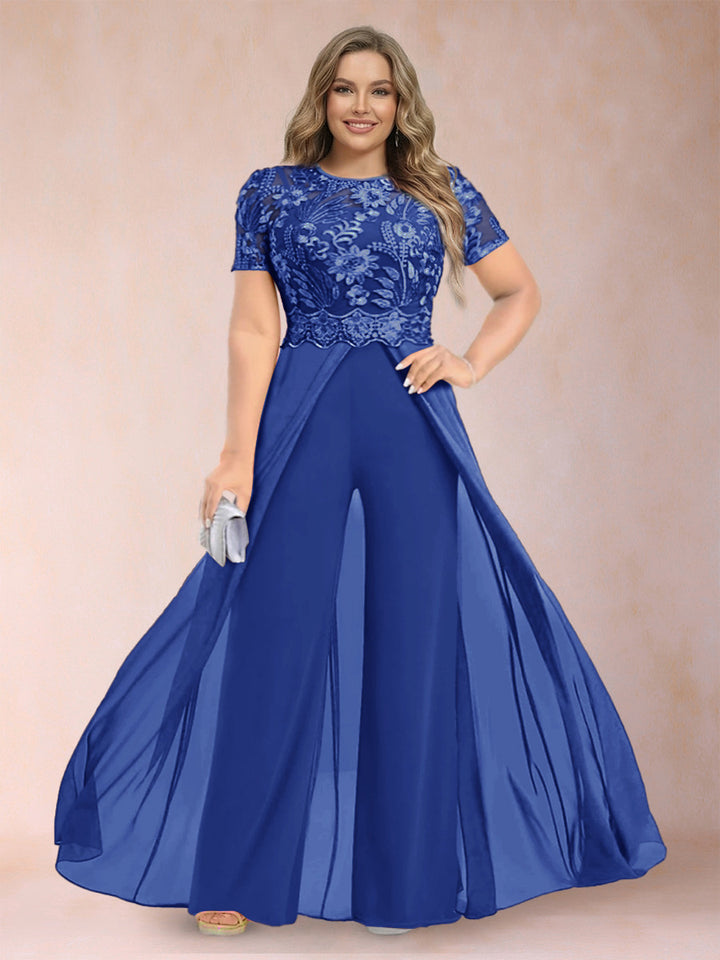 A-Line/Princess Scoop Short Sleeves Plus Size Mother of the Bride Jumpsuit with Applique