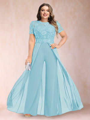A-Line/Princess Scoop Short Sleeves Plus Size Mother of the Bride Jumpsuit with Applique