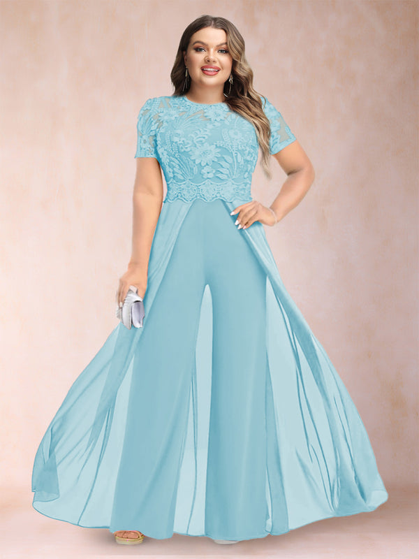 A-Line/Princess Scoop Short Sleeves Plus Size Mother of the Bride Jumpsuit with Applique