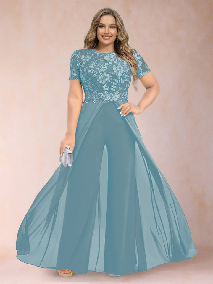 A-Line/Princess Scoop Short Sleeves Plus Size Mother of the Bride Jumpsuit with Applique