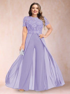 A-Line/Princess Scoop Short Sleeves Plus Size Mother of the Bride Jumpsuit with Applique