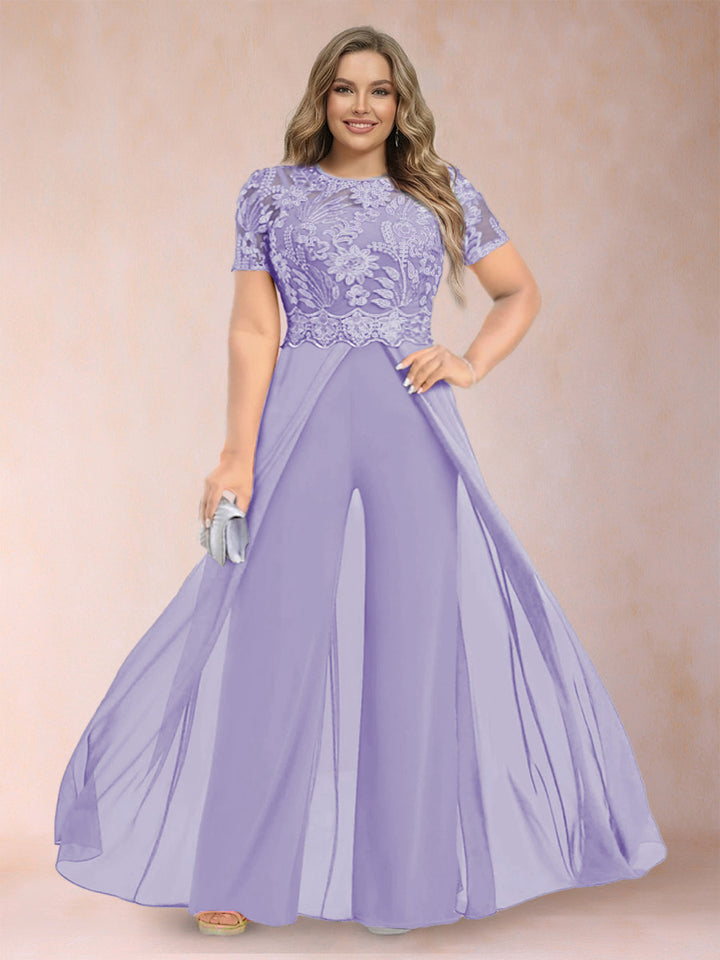 A-Line/Princess Scoop Short Sleeves Plus Size Mother of the Bride Jumpsuit with Applique