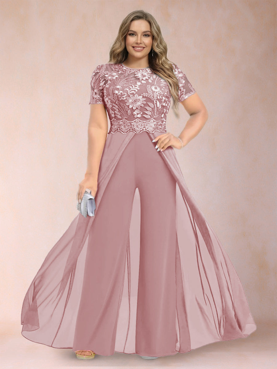 A-Line/Princess Scoop Short Sleeves Plus Size Mother of the Bride Jumpsuit with Applique
