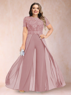 A-Line/Princess Scoop Short Sleeves Plus Size Mother of the Bride Jumpsuit with Applique