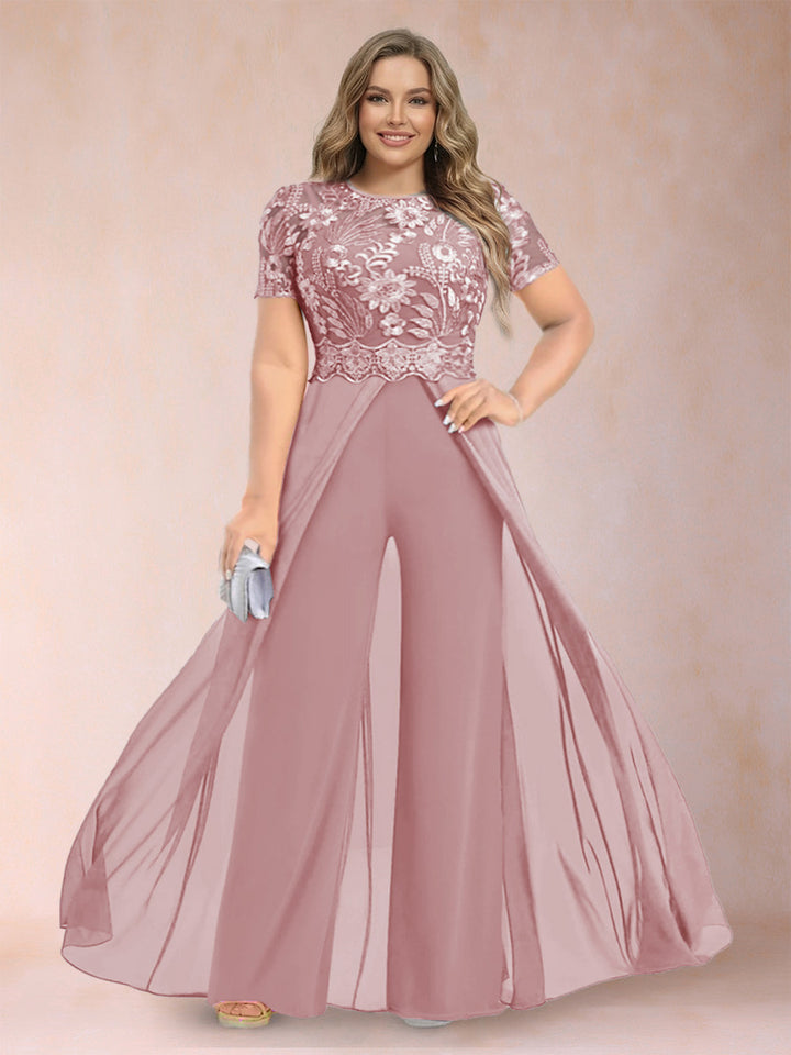 A-Line/Princess Scoop Short Sleeves Plus Size Mother of the Bride Jumpsuit with Applique