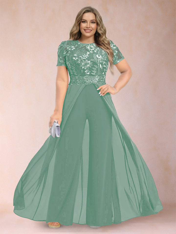 A-Line/Princess Scoop Short Sleeves Plus Size Mother of the Bride Jumpsuit with Applique