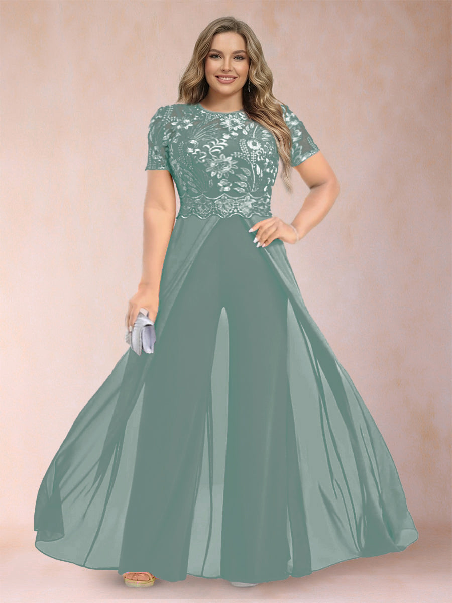 A-Line/Princess Scoop Short Sleeves Plus Size Mother of the Bride Jumpsuit with Applique