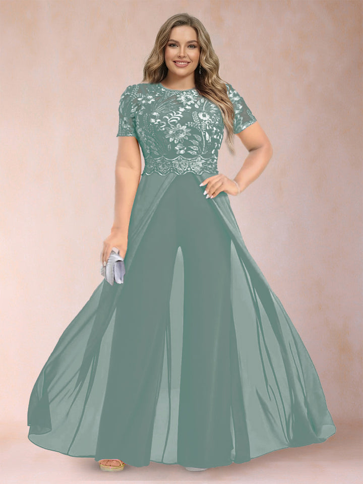 A-Line/Princess Scoop Short Sleeves Plus Size Mother of the Bride Jumpsuit with Applique