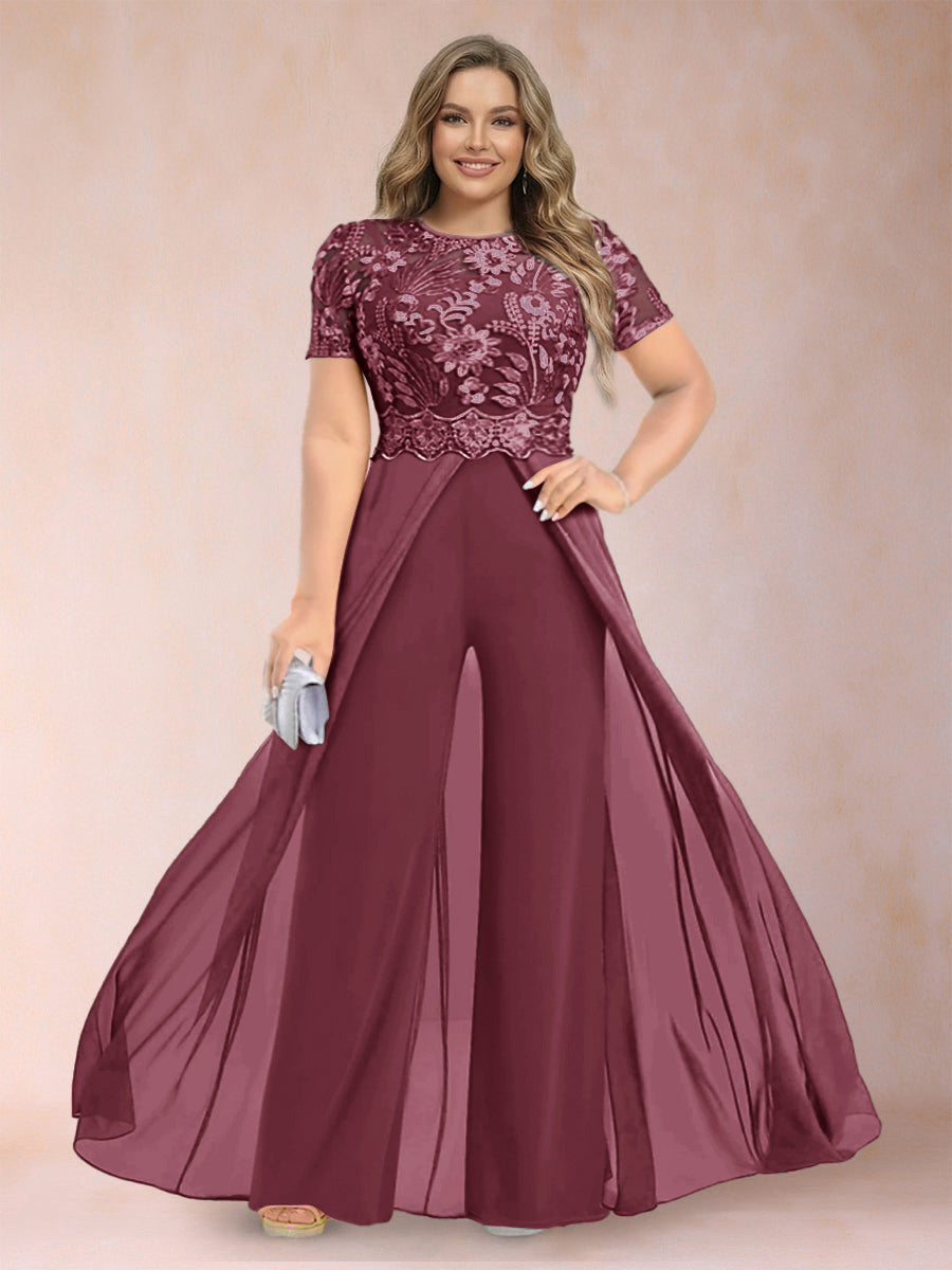 A-Line/Princess Scoop Short Sleeves Plus Size Mother of the Bride Jumpsuit with Applique