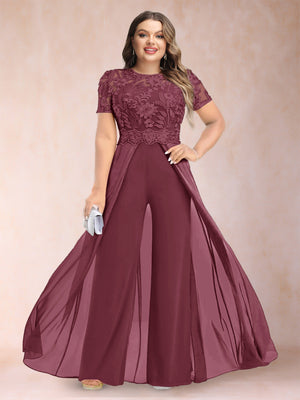 A-Line/Princess Scoop Short Sleeves Plus Size Mother of the Bride Jumpsuit with Applique