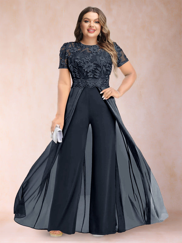 A-Line/Princess Scoop Short Sleeves Plus Size Mother of the Bride Jumpsuit with Applique