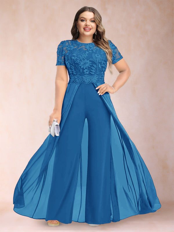 A-Line/Princess Scoop Short Sleeves Plus Size Mother of the Bride Jumpsuit with Applique