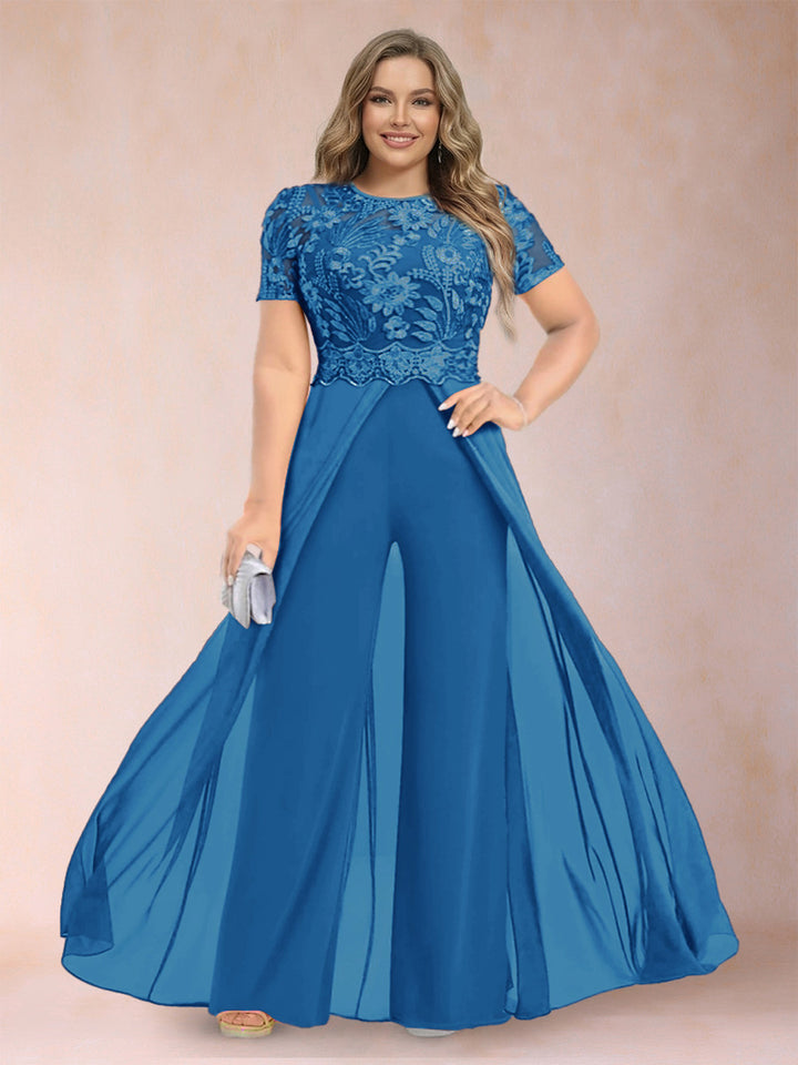 A-Line/Princess Scoop Short Sleeves Plus Size Mother of the Bride Jumpsuit with Applique