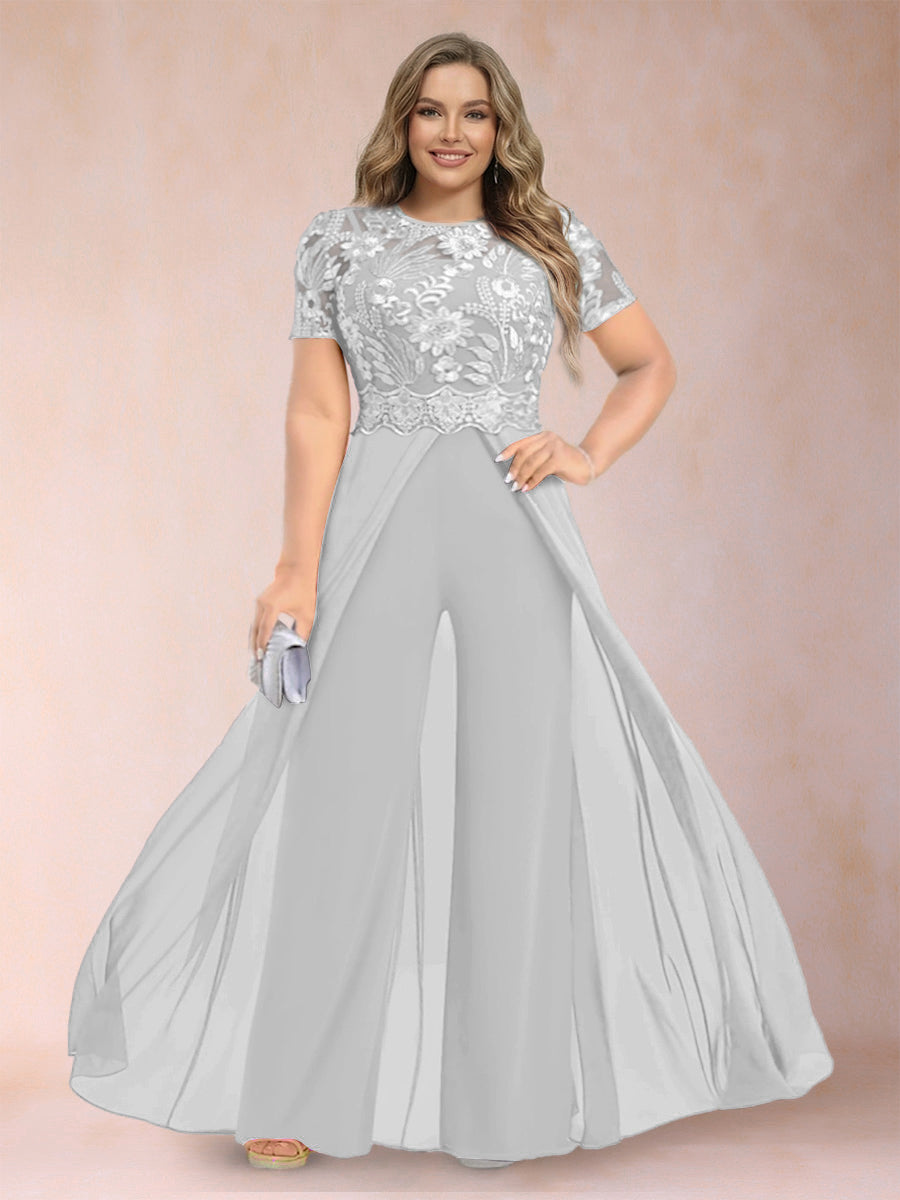 A-Line/Princess Scoop Short Sleeves Plus Size Mother of the Bride Jumpsuit with Applique