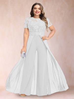 A-Line/Princess Scoop Short Sleeves Plus Size Mother of the Bride Jumpsuit with Applique