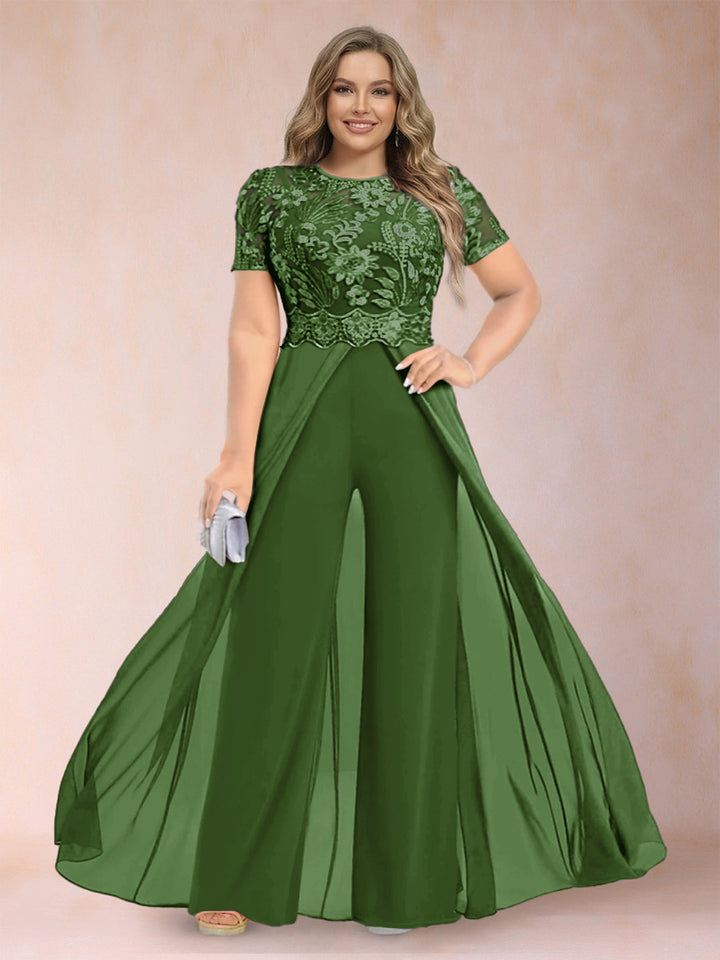 A-Line/Princess Scoop Short Sleeves Plus Size Mother of the Bride Jumpsuit with Applique
