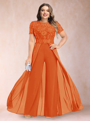 A-Line/Princess Scoop Short Sleeves Plus Size Mother of the Bride Jumpsuit with Applique