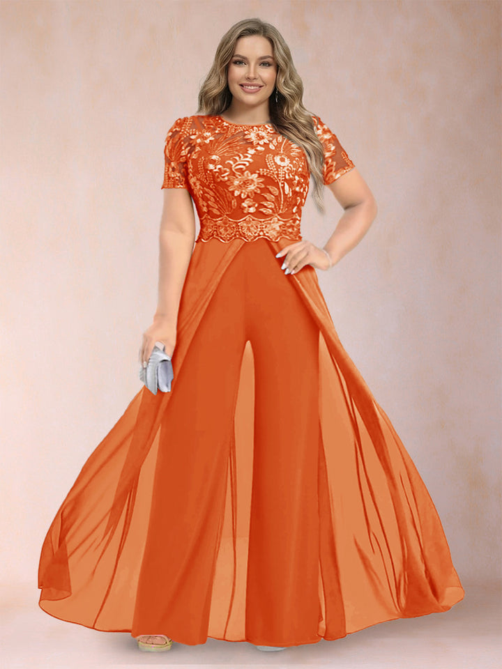 A-Line/Princess Scoop Short Sleeves Plus Size Mother of the Bride Jumpsuit with Applique