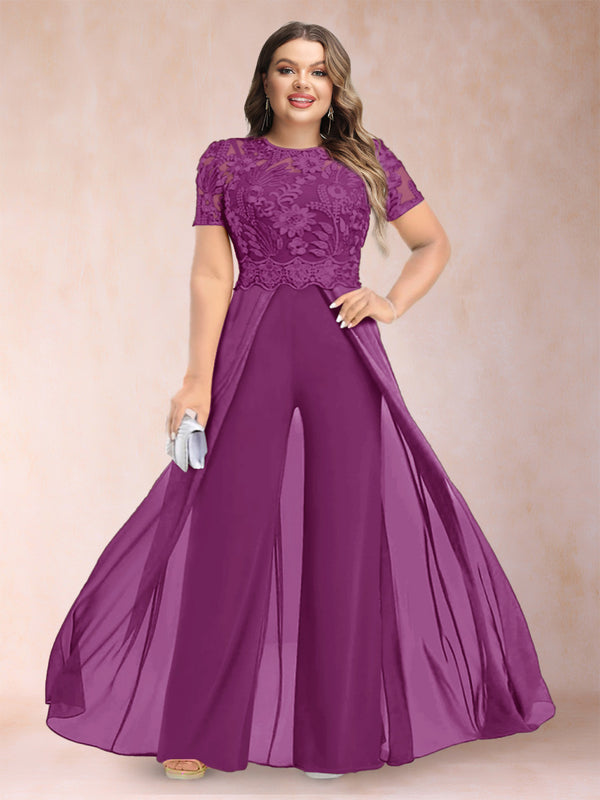 A-Line/Princess Scoop Short Sleeves Plus Size Mother of the Bride Jumpsuit with Applique