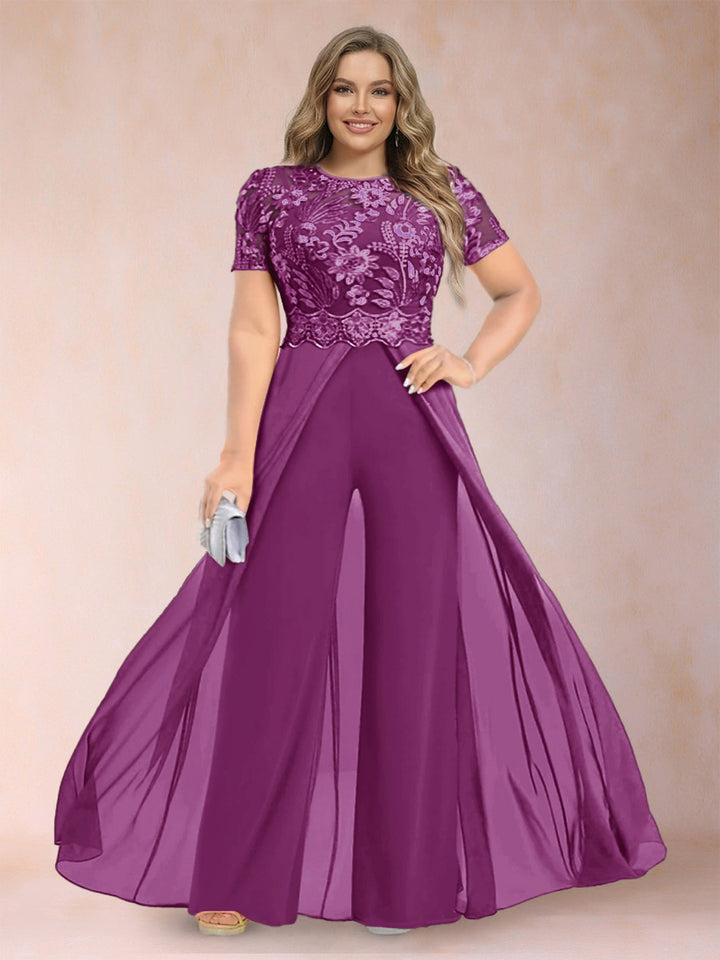 A-Line/Princess Scoop Short Sleeves Plus Size Mother of the Bride Jumpsuit with Applique