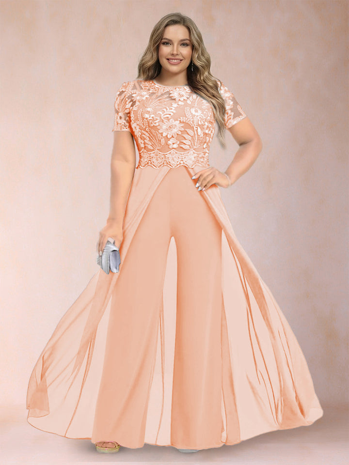 A-Line/Princess Scoop Short Sleeves Plus Size Mother of the Bride Jumpsuit with Applique