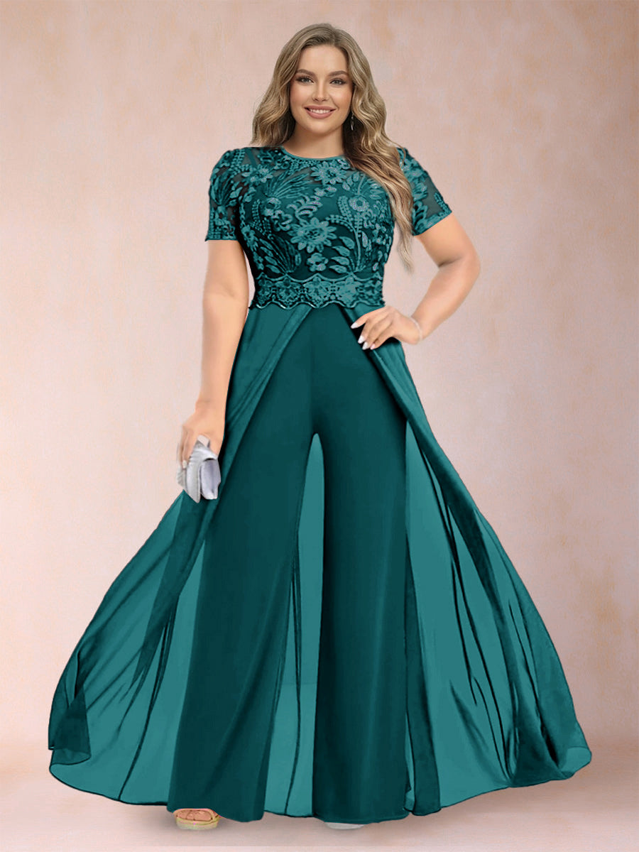 A-Line/Princess Scoop Short Sleeves Plus Size Mother of the Bride Jumpsuit with Applique