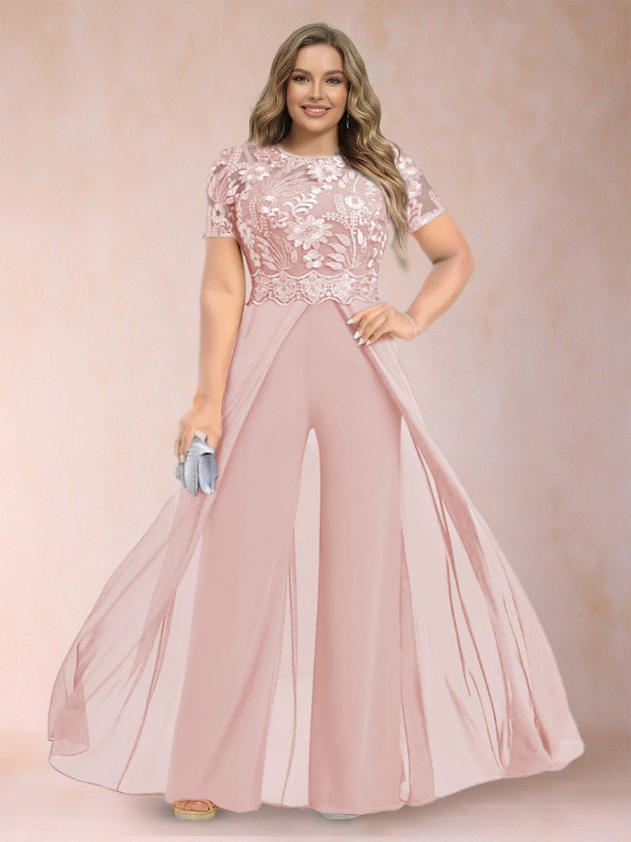 A-Line/Princess Scoop Short Sleeves Plus Size Mother of the Bride Jumpsuit with Applique