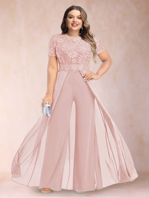 A-Line/Princess Scoop Short Sleeves Plus Size Mother of the Bride Jumpsuit with Applique