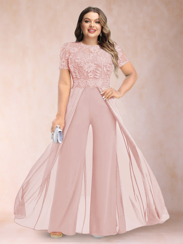 A-Line/Princess Scoop Short Sleeves Plus Size Mother of the Bride Jumpsuit with Applique