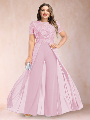 A-Line/Princess Scoop Short Sleeves Plus Size Mother of the Bride Jumpsuit with Applique