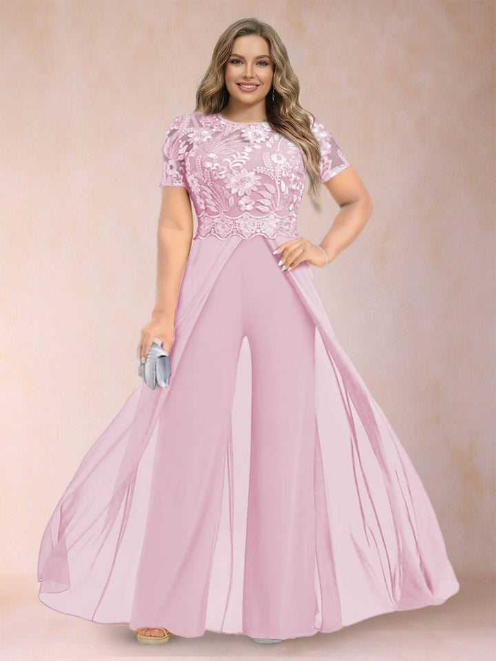 A-Line/Princess Scoop Short Sleeves Plus Size Mother of the Bride Jumpsuit with Applique