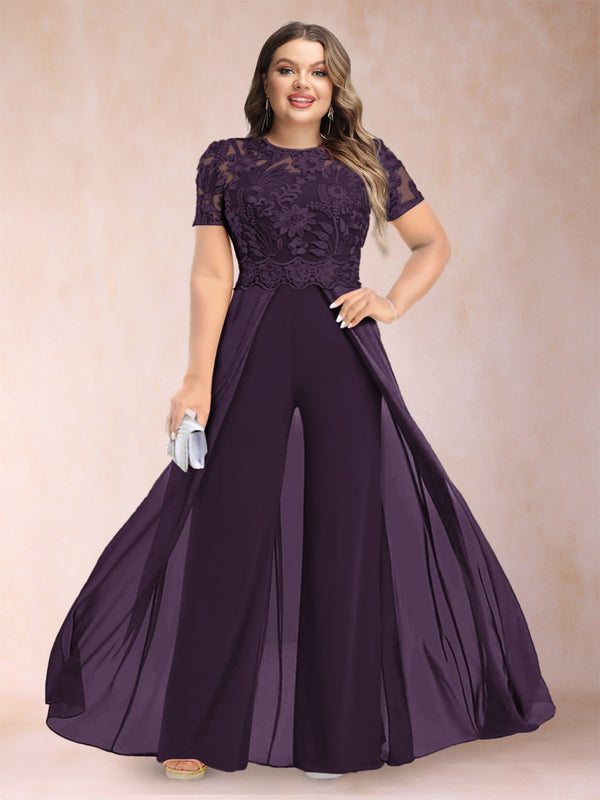 A-Line/Princess Scoop Short Sleeves Plus Size Mother of the Bride Jumpsuit with Applique
