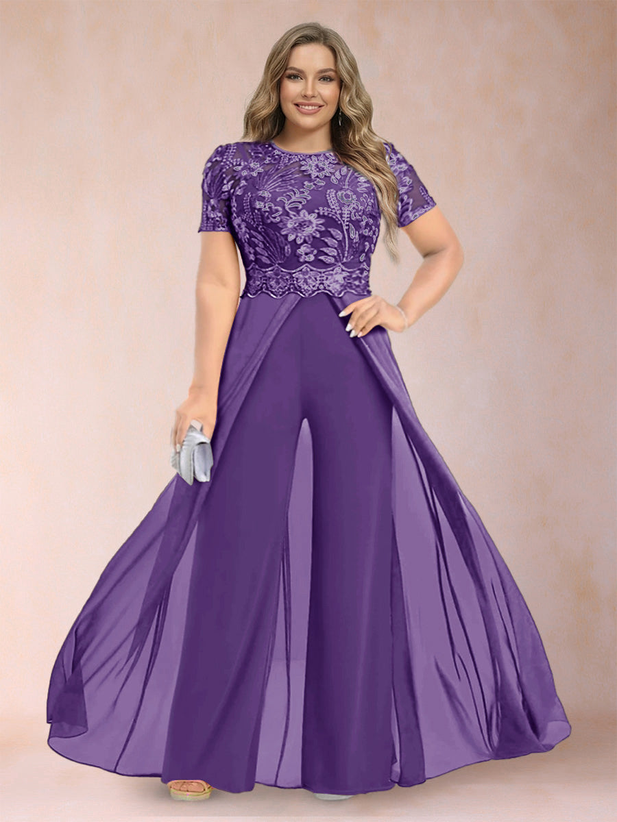 A-Line/Princess Scoop Short Sleeves Plus Size Mother of the Bride Jumpsuit with Applique