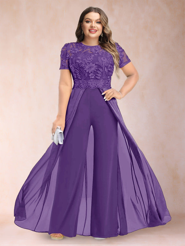 A-Line/Princess Scoop Short Sleeves Plus Size Mother of the Bride Jumpsuit with Applique