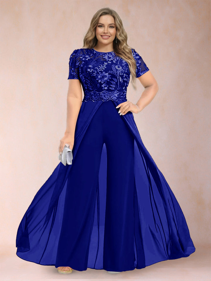 A-Line/Princess Scoop Short Sleeves Plus Size Mother of the Bride Jumpsuit with Applique