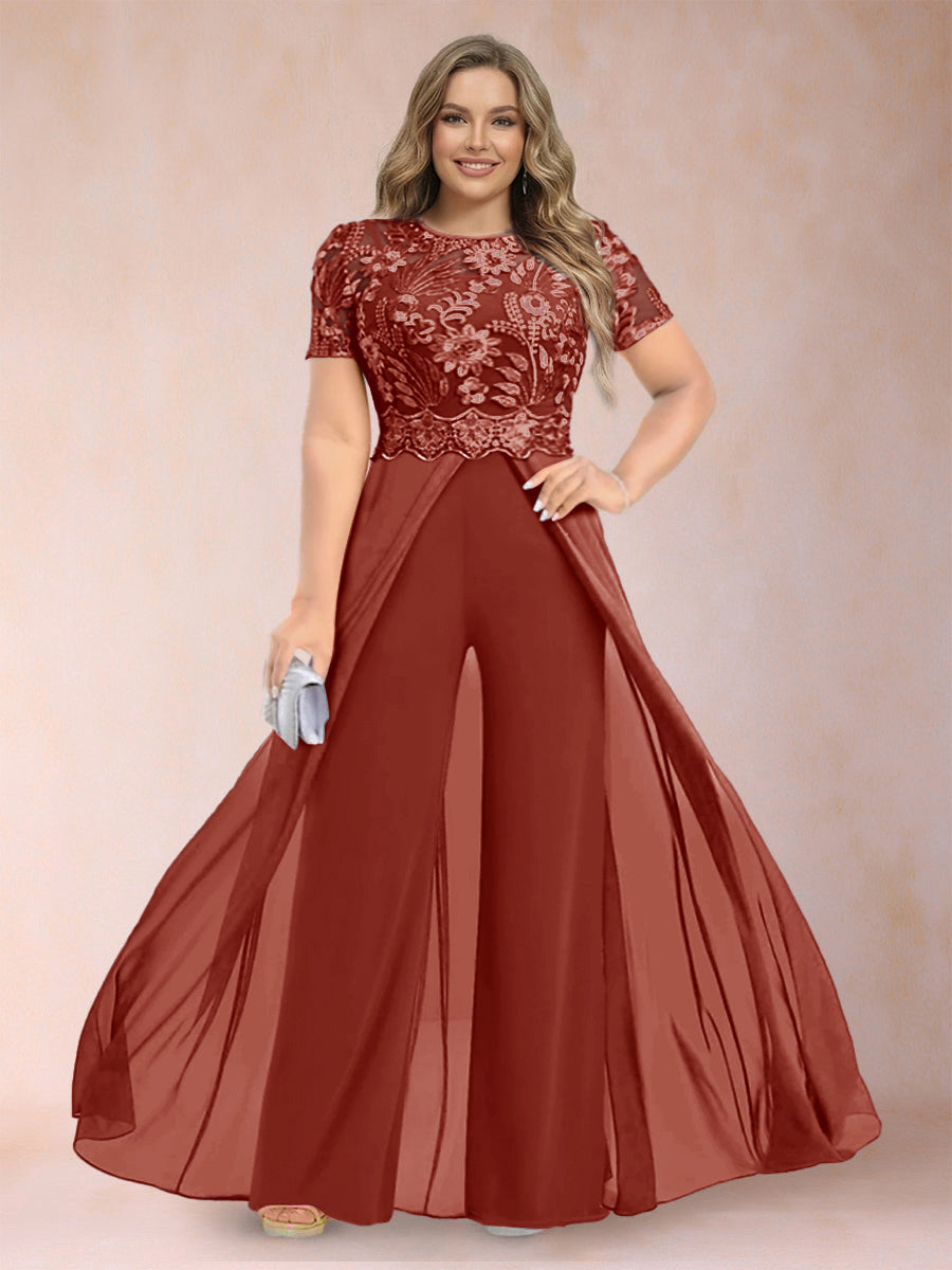 A-Line/Princess Scoop Short Sleeves Plus Size Mother of the Bride Jumpsuit with Applique