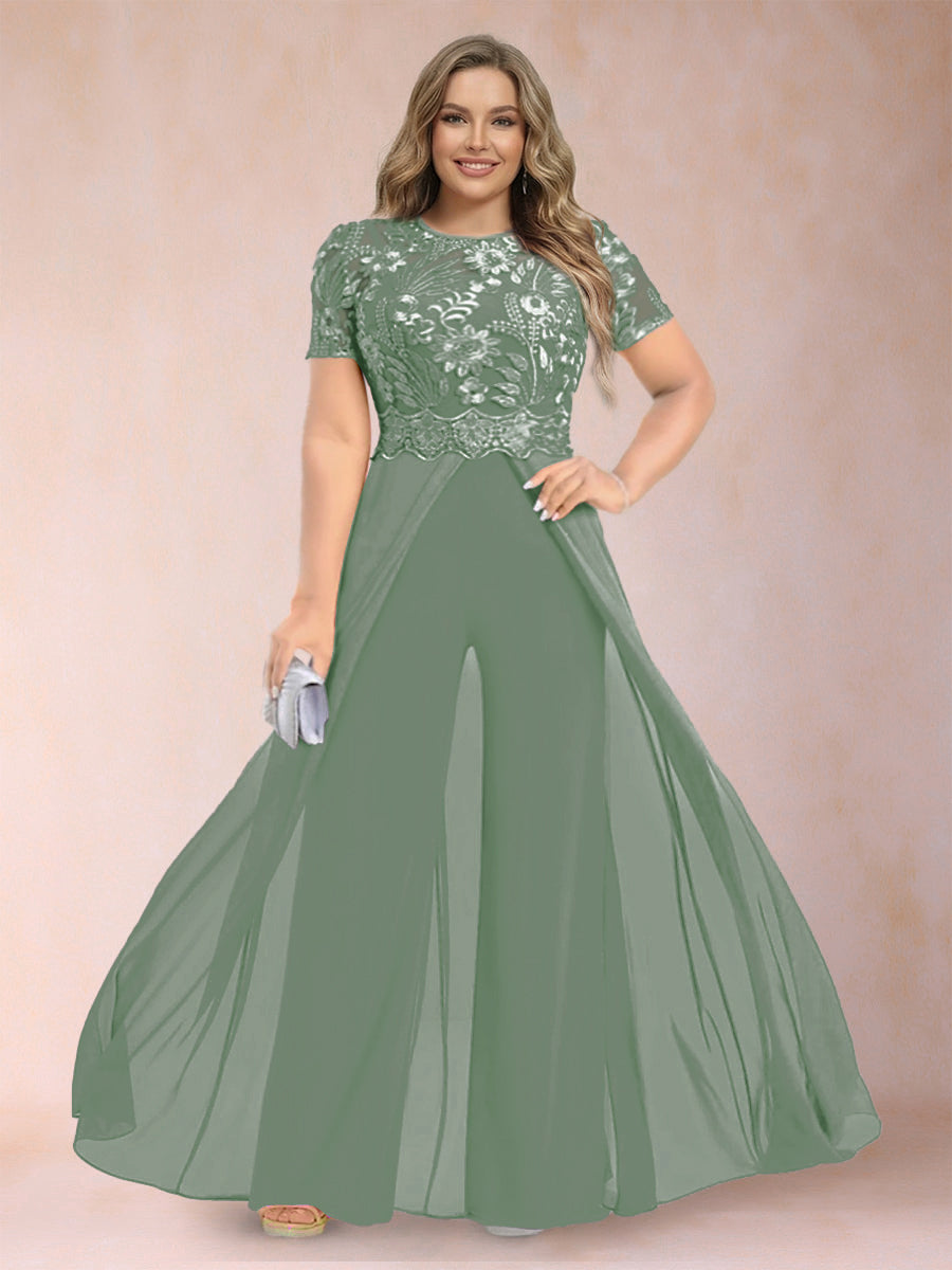 A-Line/Princess Scoop Short Sleeves Plus Size Mother of the Bride Jumpsuit with Applique