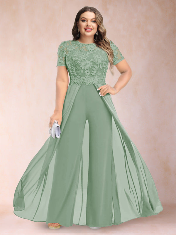 A-Line/Princess Scoop Short Sleeves Plus Size Mother of the Bride Jumpsuit with Applique
