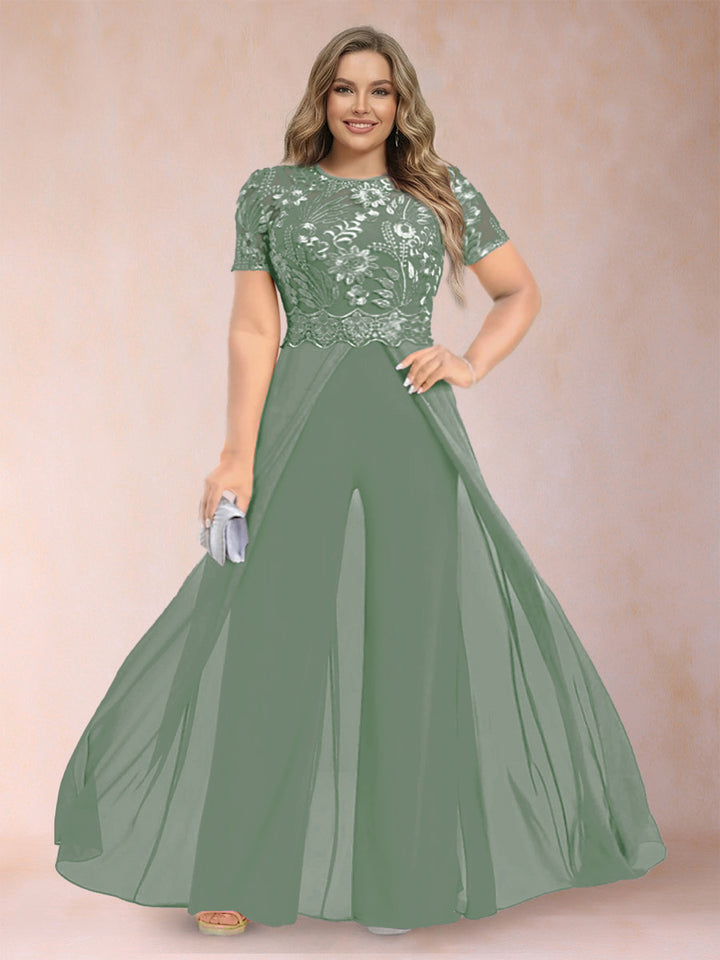 A-Line/Princess Scoop Short Sleeves Plus Size Mother of the Bride Jumpsuit with Applique