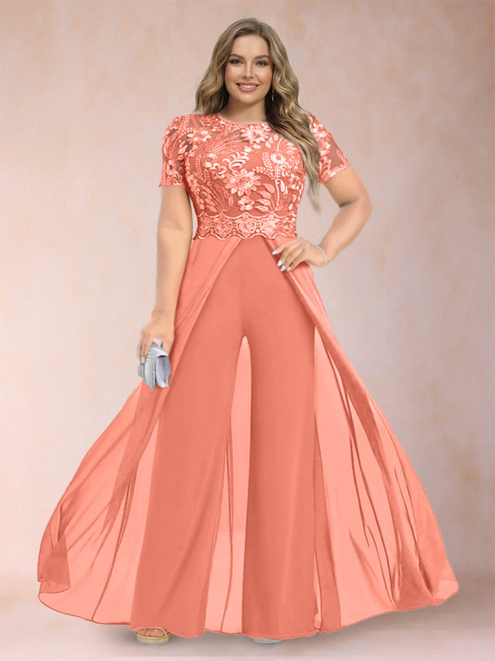 A-Line/Princess Scoop Short Sleeves Plus Size Mother of the Bride Jumpsuit with Applique