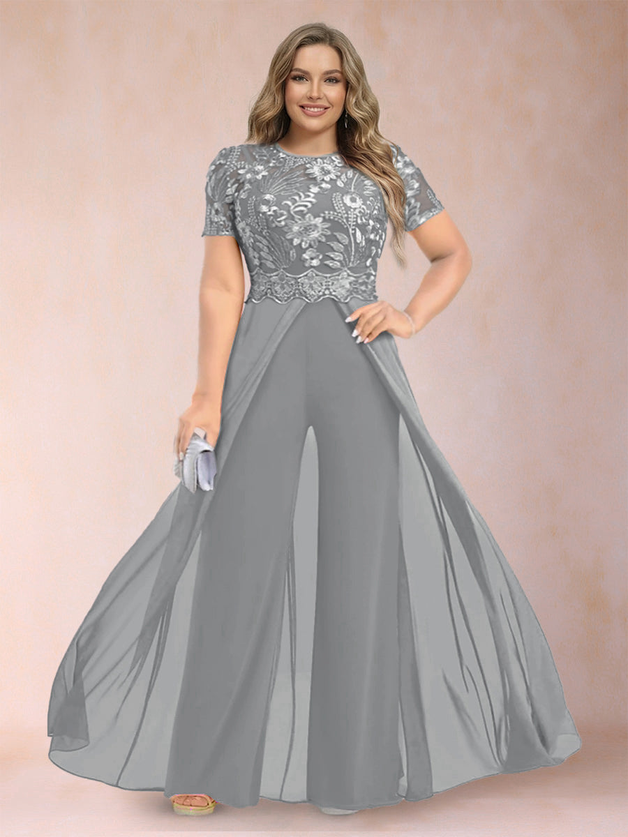 A-Line/Princess Scoop Short Sleeves Plus Size Mother of the Bride Jumpsuit with Applique