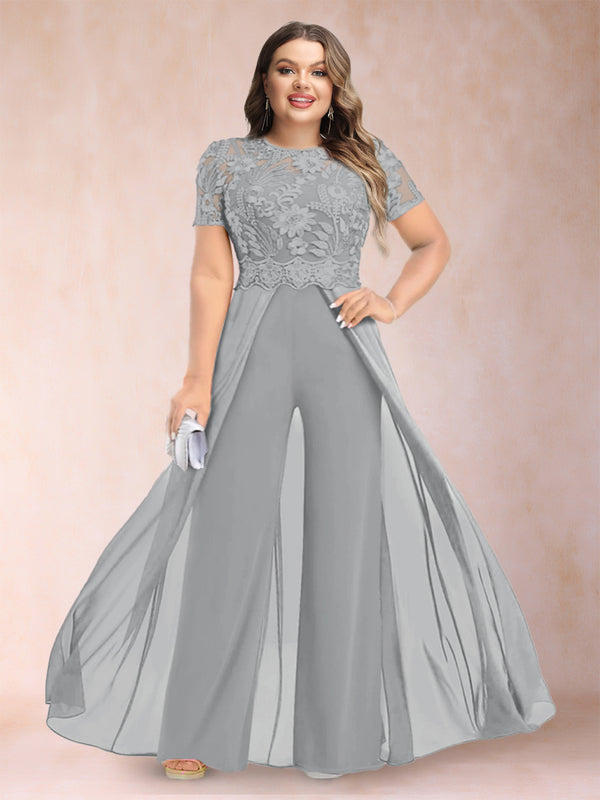 A-Line/Princess Scoop Short Sleeves Plus Size Mother of the Bride Jumpsuit with Applique