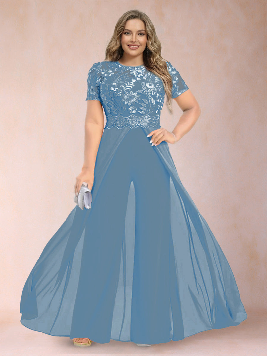 A-Line/Princess Scoop Short Sleeves Plus Size Mother of the Bride Jumpsuit with Applique