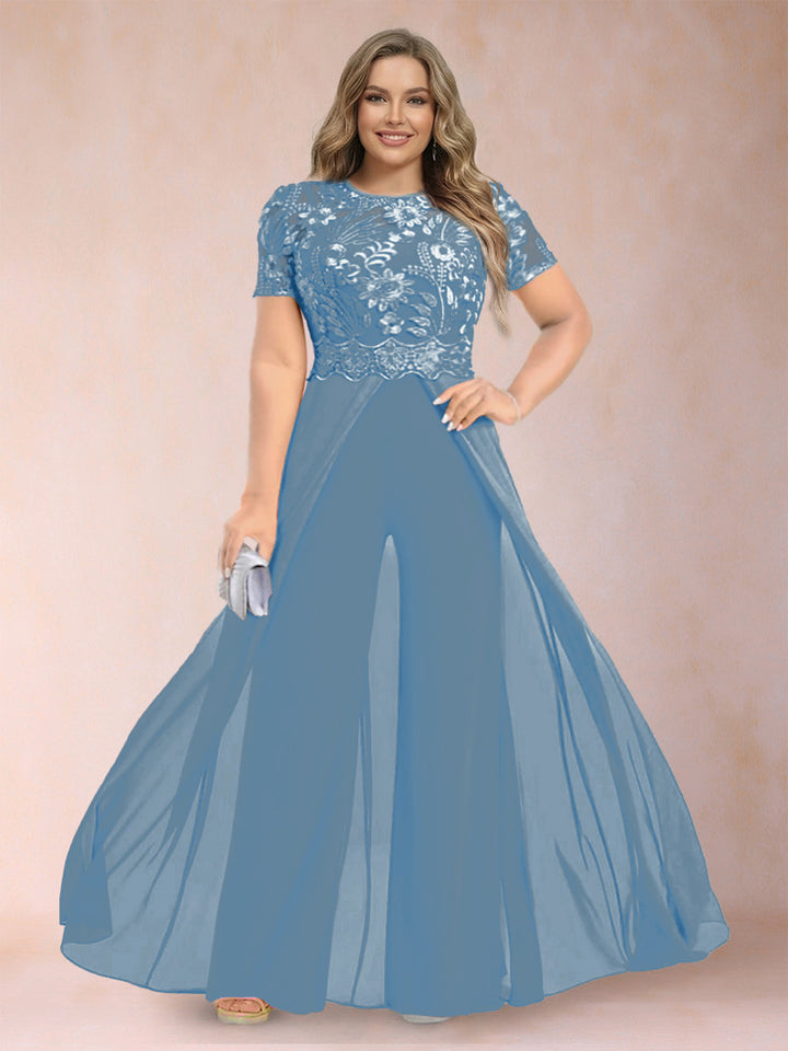 A-Line/Princess Scoop Short Sleeves Plus Size Mother of the Bride Jumpsuit with Applique