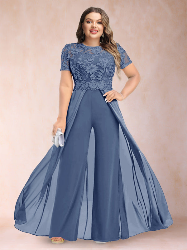 A-Line/Princess Scoop Short Sleeves Plus Size Mother of the Bride Jumpsuit with Applique