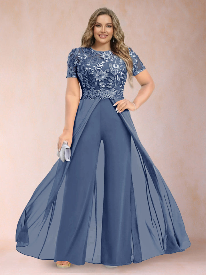 A-Line/Princess Scoop Short Sleeves Plus Size Mother of the Bride Jumpsuit with Applique